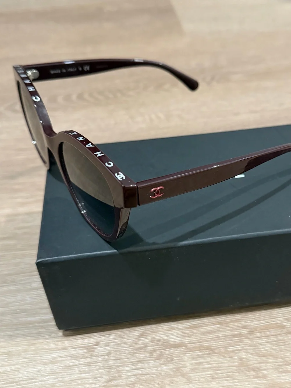 CHANEL Burgundy Frame Sunglasses with White Logo